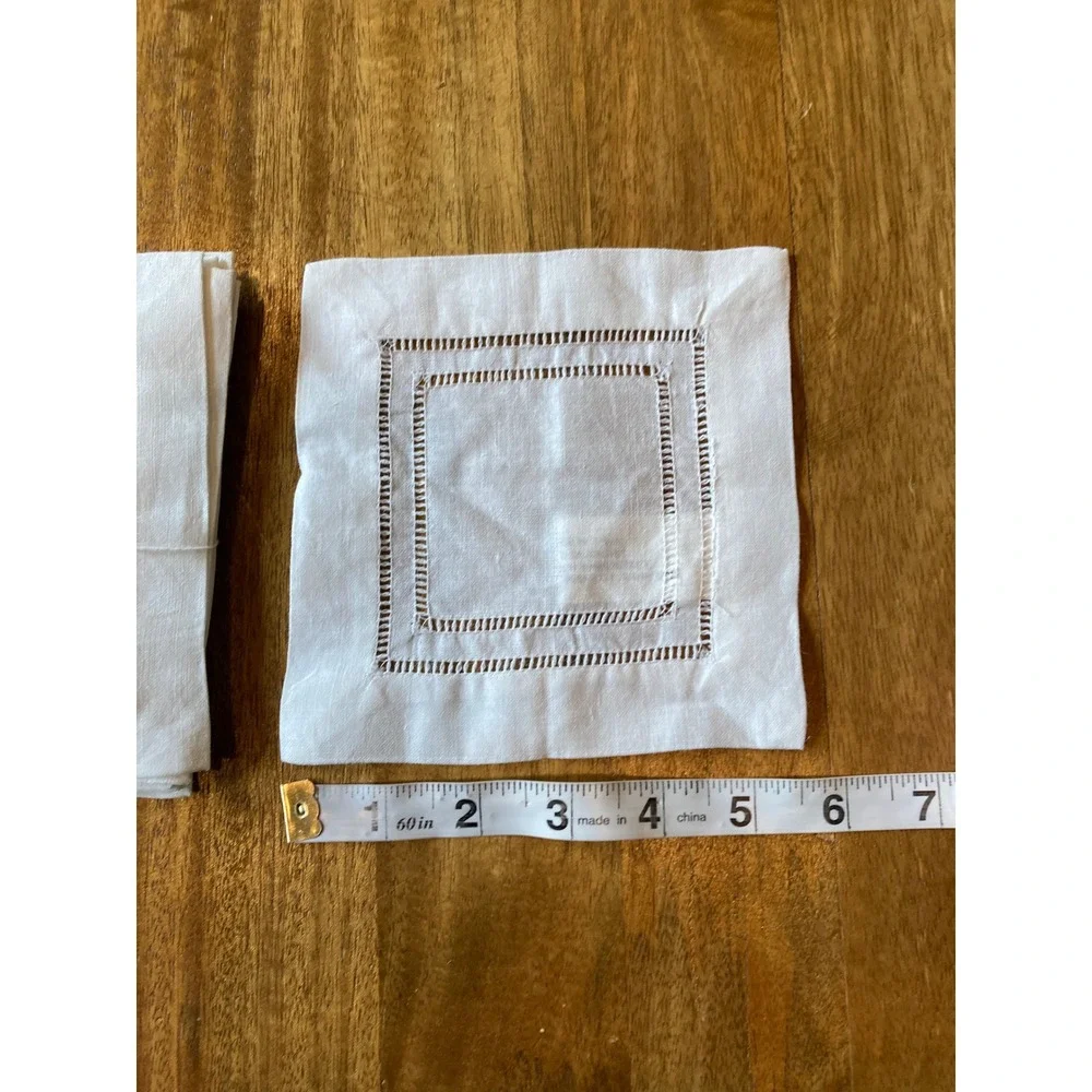 Peking Handicrafts‎ White Linen Cotton Hemstitch Cocktail Napkins Set of 12 6x6